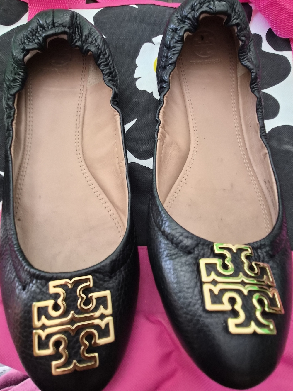 Tory Burch Black Leather Ballet Flats with Gold Logo